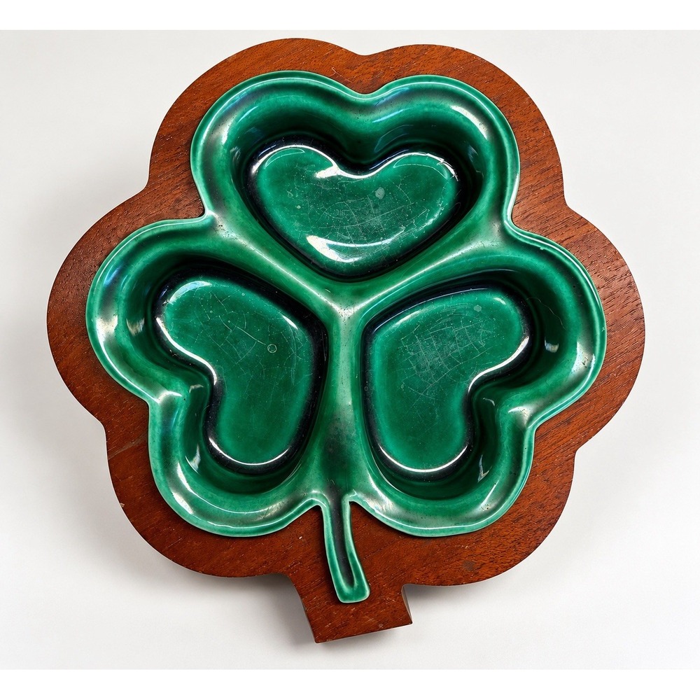Vintage 1956 W.H. Davis Green Ceramic Shamrock 3 Section Dish Wood Base Irish